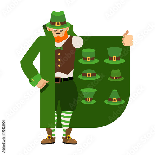 St Patricks Day. Leprechaun Smuggler selling green hat. Cloak-seller holiday attributes. Dealer in hat and coat . Bootlegger. Seller prohibited goods of black marke. Legitimate trade.
