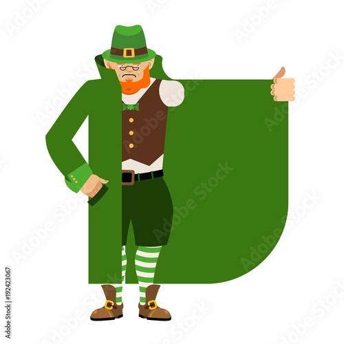 Leprechaun Smuggler selling something template. Cloak-seller isolated. Dealer in hat and coat . Bootlegger. Seller prohibited goods of black marke. Legitimate trade. St Patricks Day  