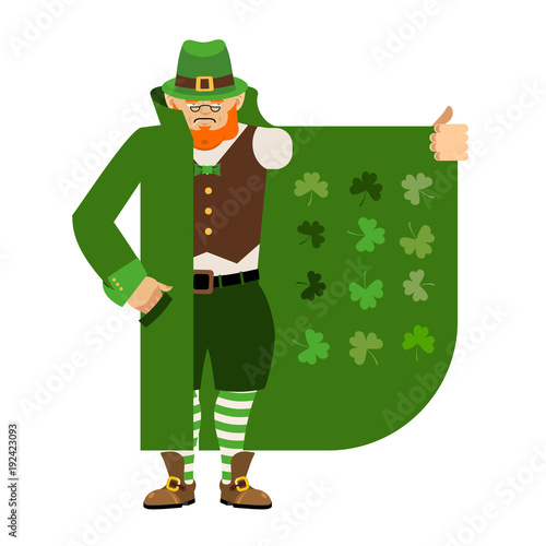 St Patricks Day. Leprechaun Smuggler selling Shamrock. Cloak-seller holiday attributes. Dealer in hat and coat . Bootlegger. Seller prohibited goods of black marke. Legitimate trade.  