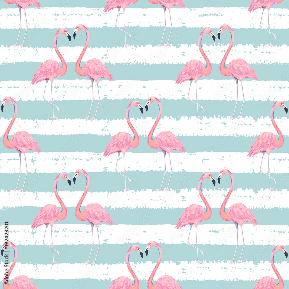 Obraz premium Abstract seamless pattern with exotic flamingo on striped background. Summer decoration print. Vector illustration