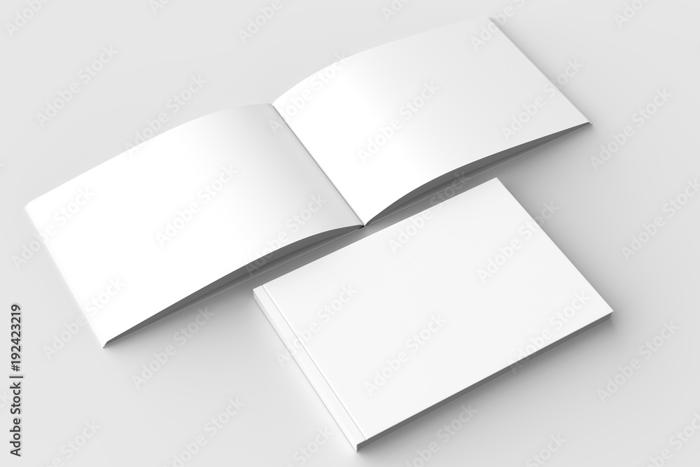Horizontal - landscape hardcover brochure, book or catalog mock up isolated on soft gray background. 3D illustrating. - obrazy, fototapety, plakaty 