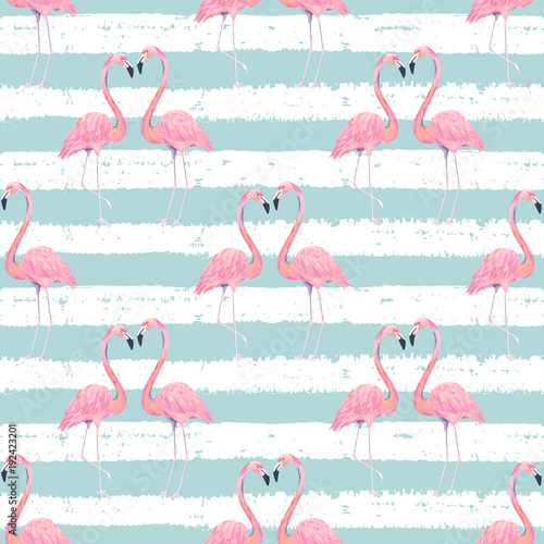 Abstract seamless pattern with exotic flamingo on striped  background. Summer decoration print. Vector illustration