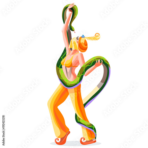 Circus girl with big snake. Woman in oriental costume is tamer snake. Vector illustration.