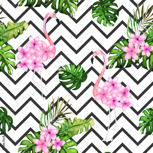 Exotic summer print. Seamless pattern with tropical leaves , flowers and flam...