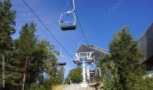 View of cable car in Holmenkollen, sunny day, Oslo, Norway photo