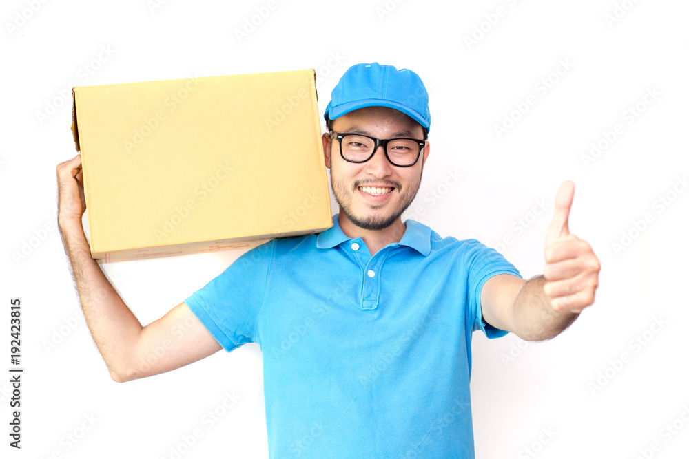 Young Asian man with delivery service worker in uniform. Man holding Box with attractive smiling isolated on white background. Young Asian man with delivery service worker in uniform. Man holding Box with attractive smiling isolated on white background.