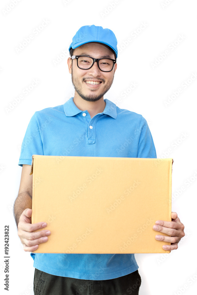 Young Asian man with delivery service worker in uniform. Man holding Box with attractive smiling isolated on white background. Young Asian man with delivery service worker in uniform. Man holding Box with attractive smiling isolated on white background.