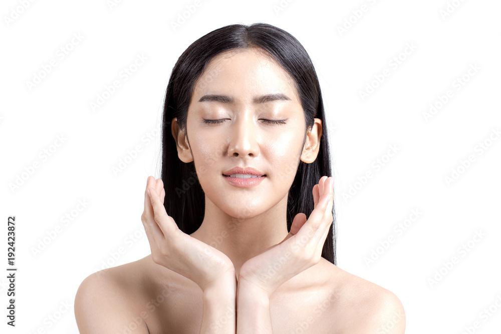 Beautiful Asian Woman Portrait. Beautiful Woman looking to camera. Korean Woman Touching her Face. People with Youth and Skin Care Concept. isolated on white background. Beautiful Asian Woman Portrait. Beautiful Woman looking to camera. Korean Woman Touching her Face. People with Youth and Skin Care Concept. isolated on white background.