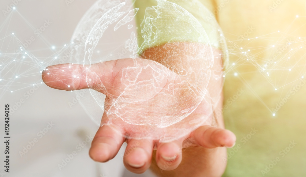 Businessman using planet earth network sphere 3D rendering