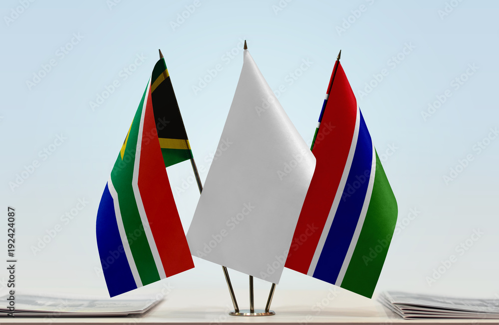 Flags of Republic of South Africa and The Gambia with a white flag in the middle