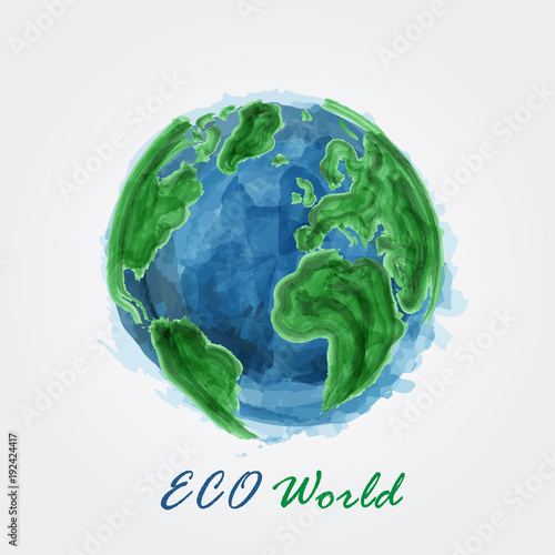 ECO world . Watercolor painting of world map . Ecological concept . Vector