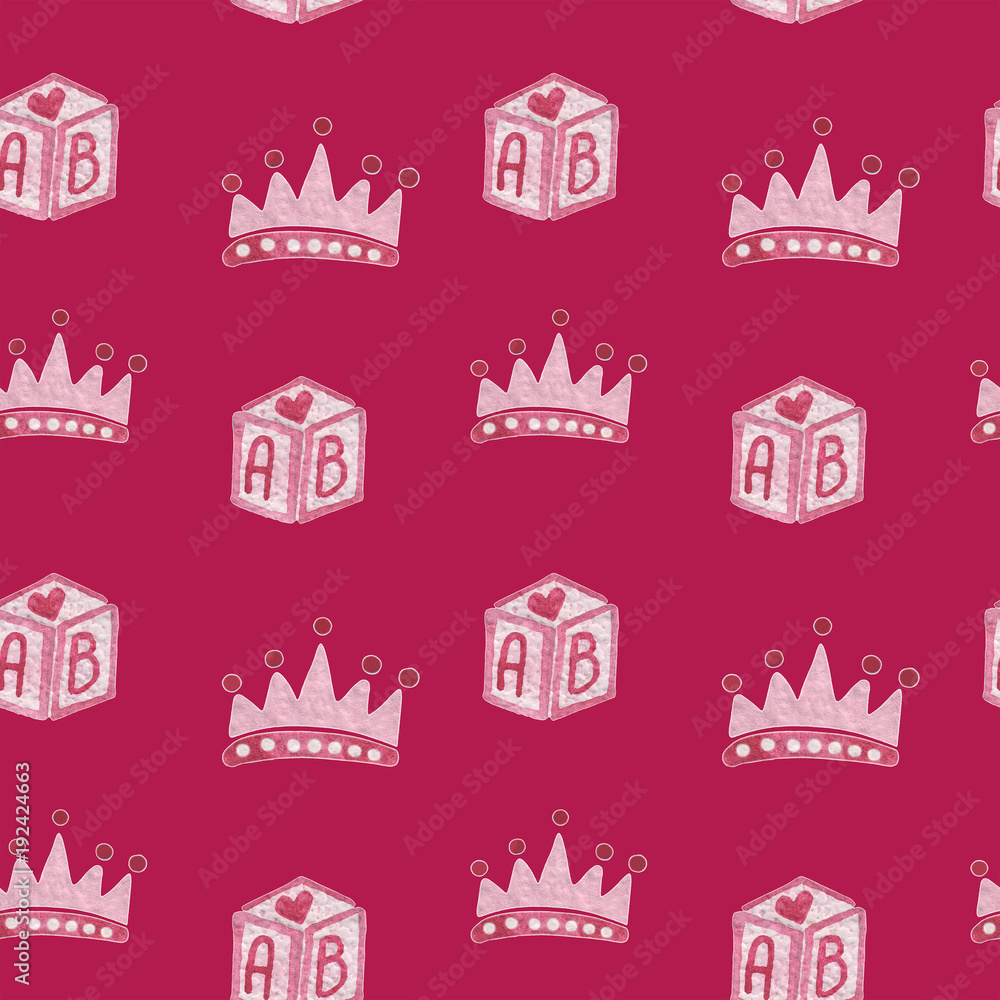 Watercolor seamless pattern with pink crone and box. Watercolor seamless background.