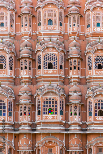 detailed view of red and pink sandstone facade of Hawa Mahal, Palace of Winds, Palace of the Breeze, Jaipur, Rajasthan, India