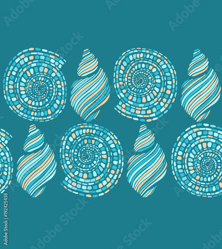 Dark Shell Seamless Pattern. Graphic Sea Background in Hand Drawn Style for Surface Design Banner Web. Vector Illustration