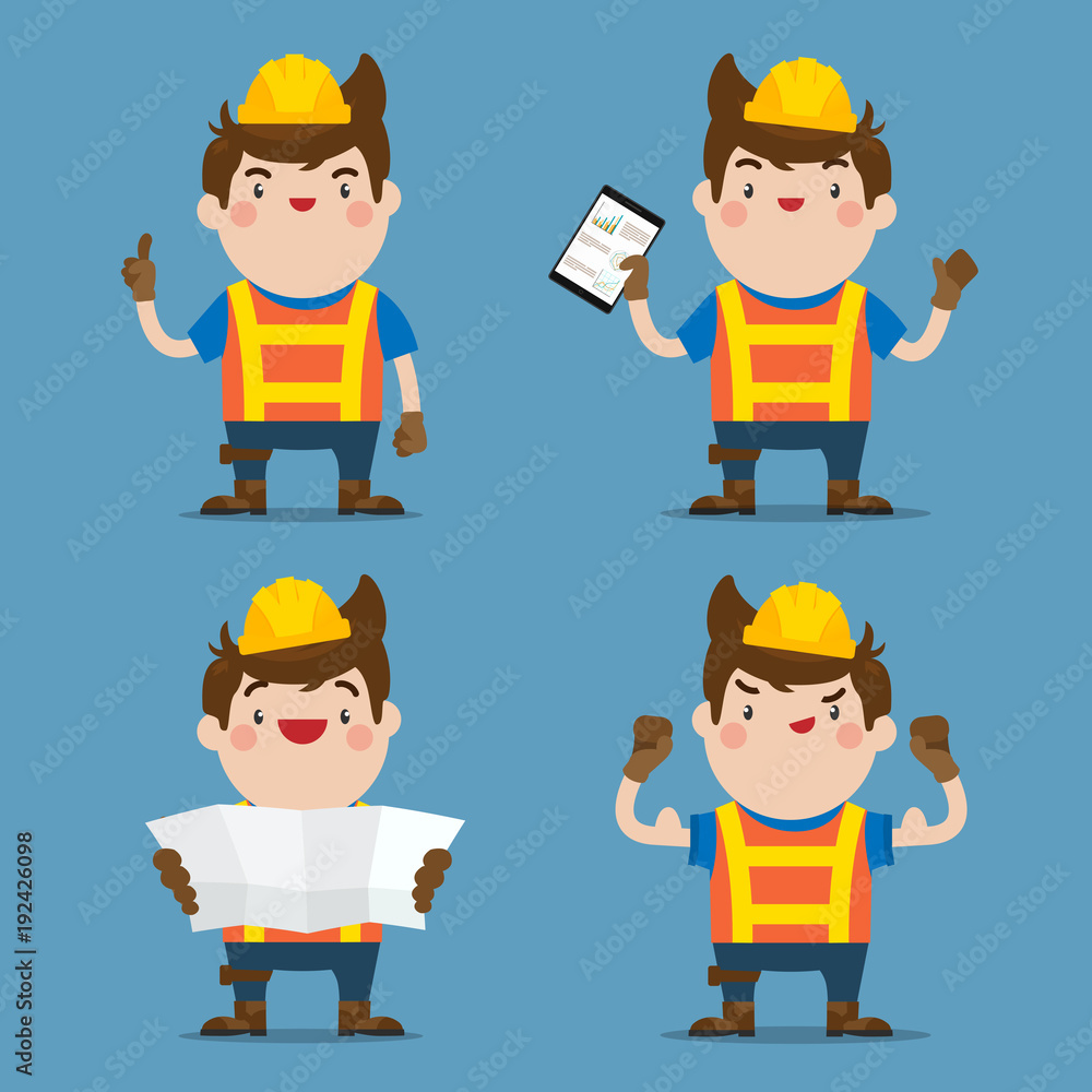 Cute Male Construction Worker 4 action set, Flat Vector Style Character. Cute Male Construction Worker 4 action set, Flat Vector Style Character.