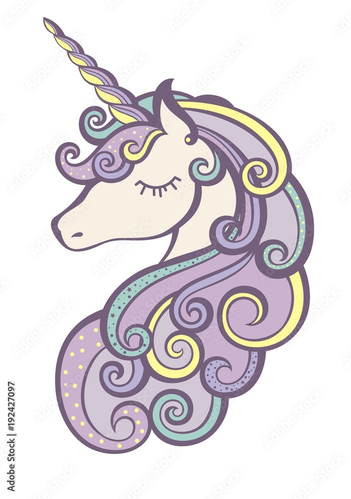 Unicorn vector icon isolated on white. Head portrait horse sticker