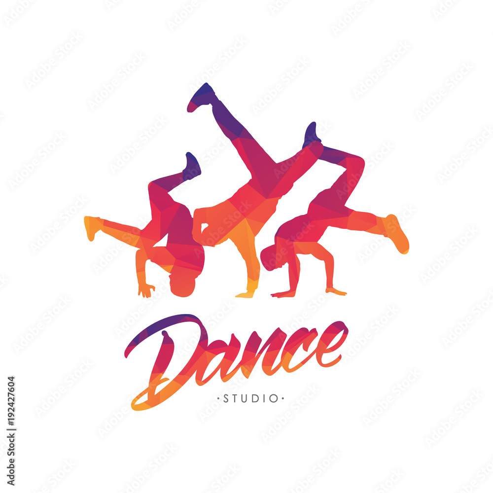 Vector illustration: Color emblem template for Dance Studio with hand lettering and silhouettes of break dancers.