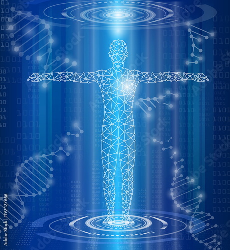 abstract background technology concept in blue light,brain and human body heal ,technology modern medical science in future and global international medical with tests analysis clone DNA human