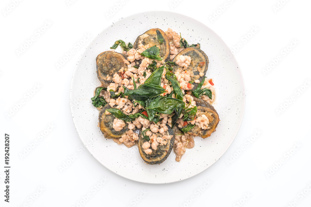 Stir-fried Century Egg and Minced Pork with Holy Basil Leaves