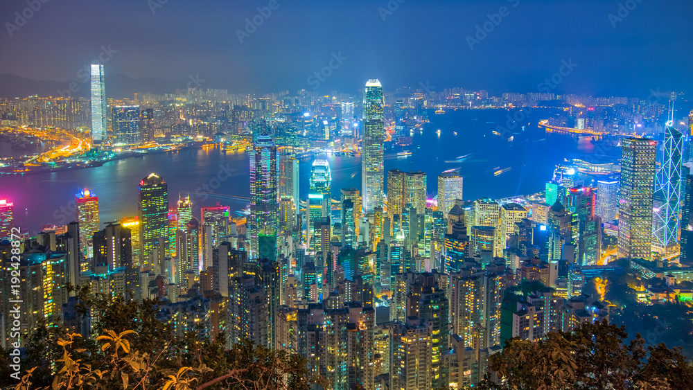 Hong Kong cityscape at night view from The Peak - obrazy, fototapety, plakaty 