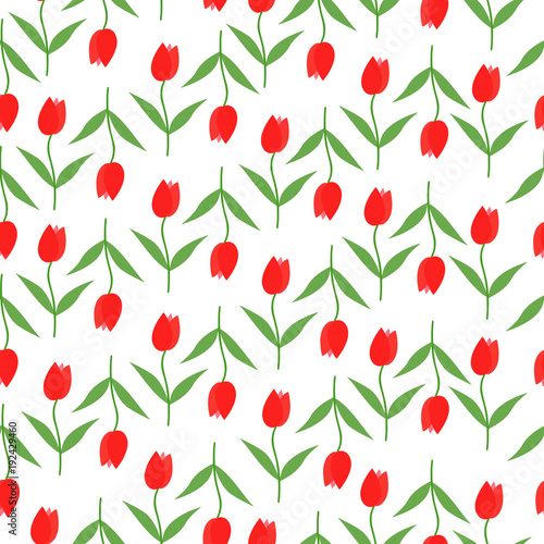 Hand drawn tulip floral seamless flat design pattern vector illustration. Early spring and summer red tulip flowers.