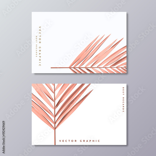 Rose Gold Palm Foil business card templates. Minimalist postcard design. Tropical florals and foliage, botanical, bohemian decoration.