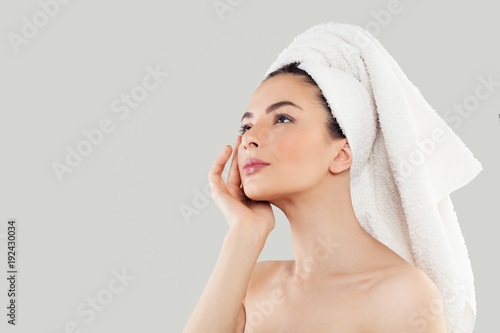 Spa Woman Looking Up on Background. Healthy Woman after Bath on Background