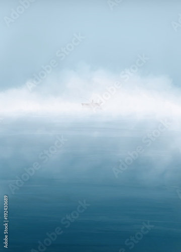 Digital painting. Morning lake with fog and fisher in the boat. Fishing calm background.