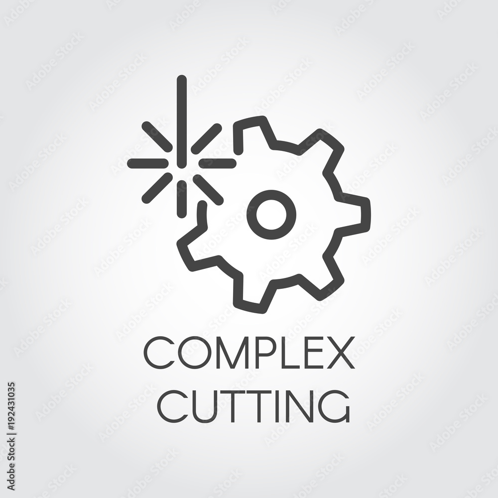 Complex cutting concept icon drawing in outline style. Abstract laser beam and gear label. Graphic web pictograph. Technology and industrial contour sign. Vector illustration Complex cutting concept icon drawing in outline style. Abstract laser beam and gear label. Graphic web pictograph. Technology and industrial contour sign. Vector illustration