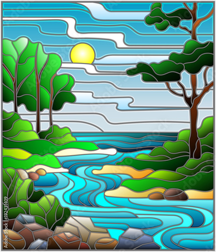 Illustration in stained glass style landscape, meandering river on the background of the green banks of trees on a background sky and sun
