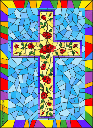 Illustration in stained glass style with Christian cross decorated with  pink roses on blue background in bright frame