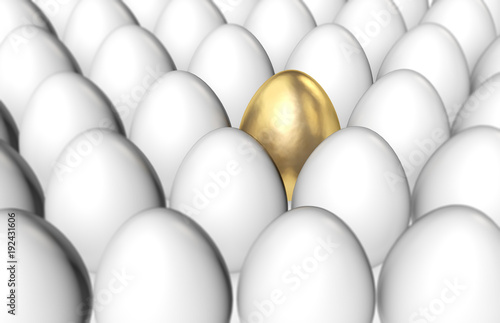 Golden egg among white eggs. 3D Rendering