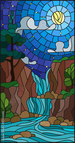 Illustration in stained glass style landscape ,the tree on the background of a waterfall, mountains, moon and starry sky