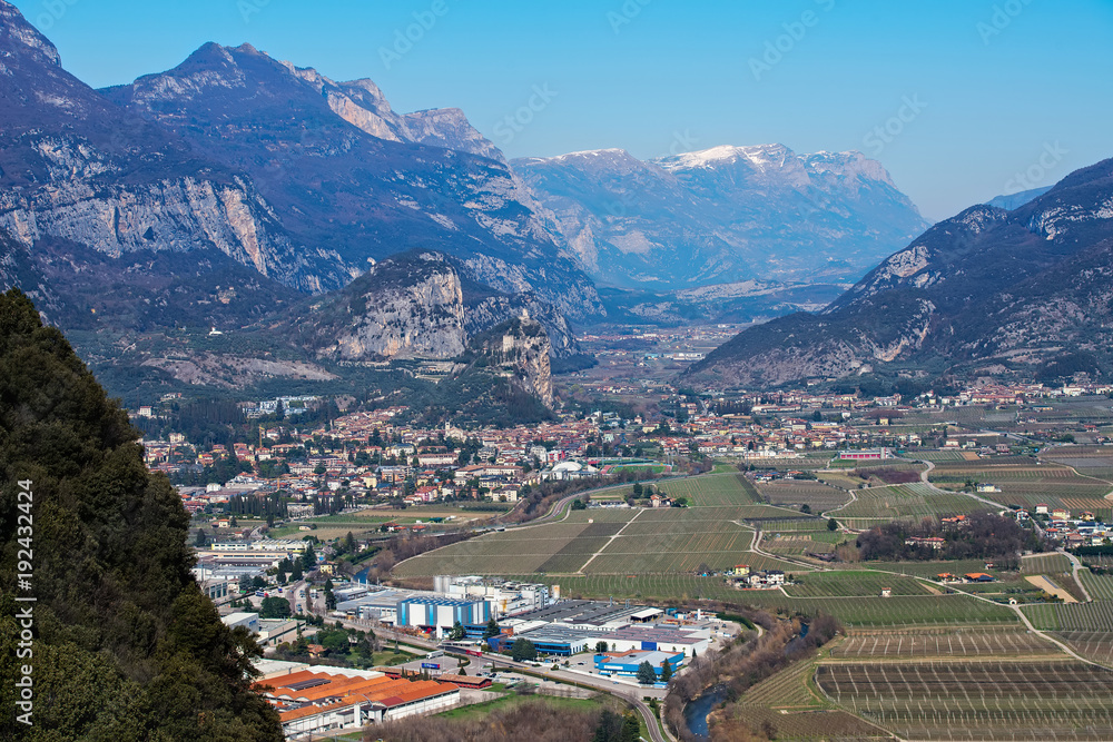 View on the valley, vineyards and snowy mountains in the distance, Italy, Alto Adige