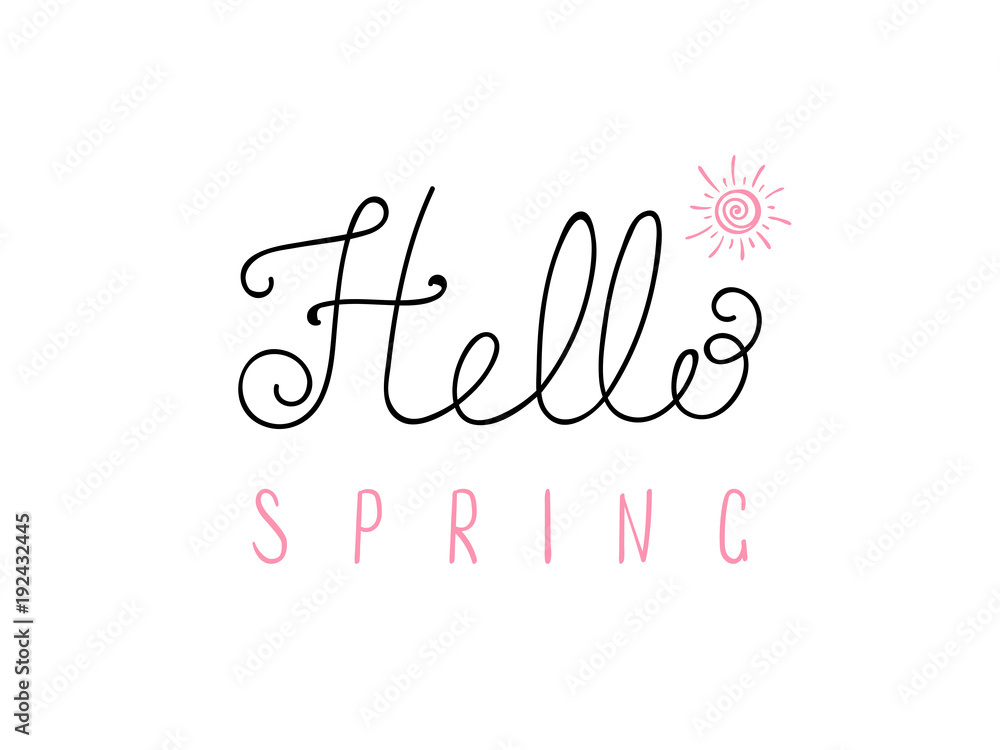 Hand written Hello Spring lettering with cartoon sun. Isolated objects on white. Vector illustration. Design concept for change of seasons.
