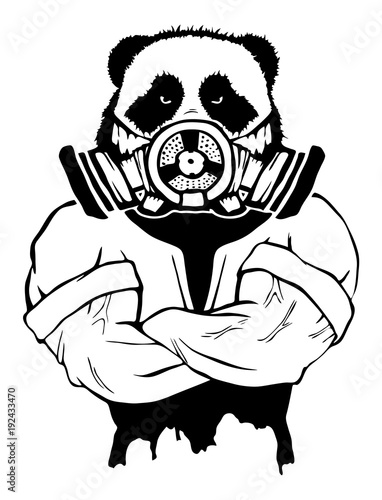 Isolated vector illustration a strong wild panda- man in a gas mask.