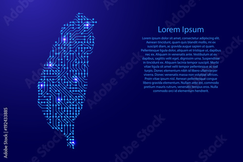 Map Taiwan from printed board, chip and radio component with blue star space on the contour for banner, poster, greeting card, of vector illustration.