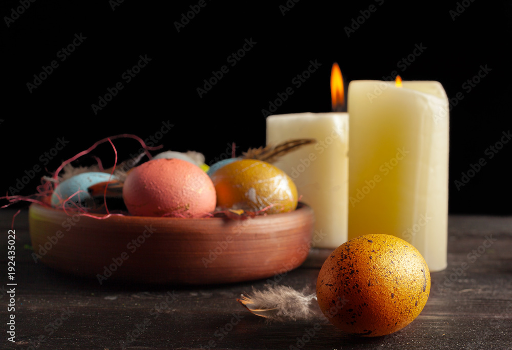 Happy easter! Easter eggs on wooden background Happy easter! Easter eggs on wooden background
