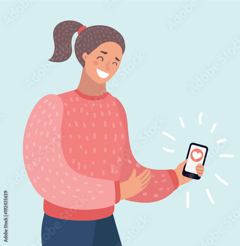 Young worried woman holding mobile phone received message c