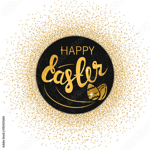 Happy Easter text lettering with gold glitter paschal egg on white background