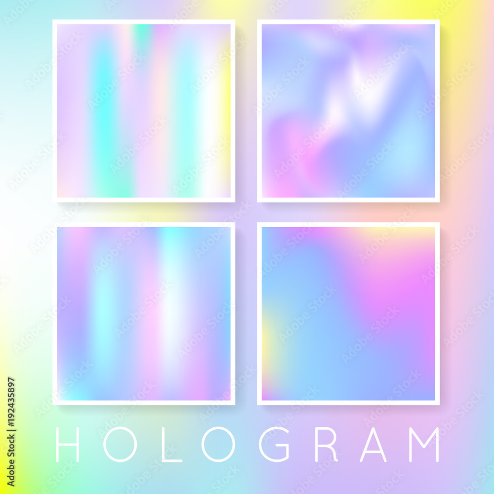 Holographic abstract backgrounds set. Colorful holographic backdrop with gradient mesh. 90s, 80s retro style. Iridescent graphic template for brochure, flyer, poster, wallpaper, mobile screen.