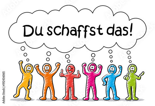 Freundlich lachende Comic-Männchen mit Sprechblase „Du schaffst das!“ / Schraffierte Vektor-Zeichnung