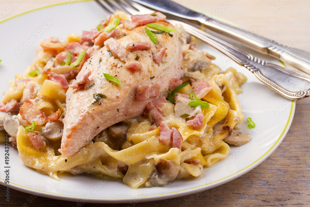 Chicken and creamy bacon and mushroom pasta Chicken and creamy bacon and mushroom pasta