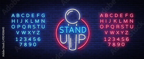 Stand Up Logo in Neon Style. Comedy show is neon sign, symbol, an invitation to a comedy performance, bright banner, neon poster, nightlit advertising. Vector illustration. Editing text neon sign