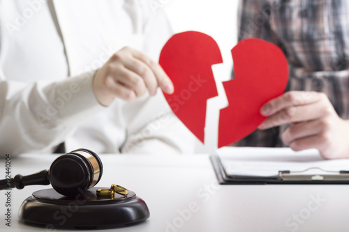 Billede på lærred Hands of wife, husband signing decree of divorce, dissolution, canceling marriage, legal separation documents, filing divorce papers or premarital agreement prepared by lawyer