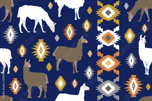 Ethnic animal print. Seamless vector pattern with llamas on beige background.