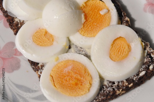 Eine Scheibe Schwarzbrot mit Ei und Salz photo