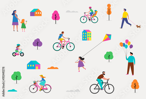 Summer outdoor scene with active family vacation, park activities illustration with kids, couples and families.