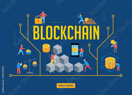 Blockchain scene with minimalistic people. Fintech industry concept design