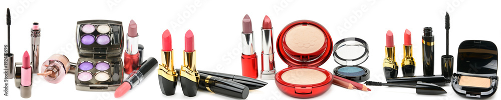 Set of decorative cosmetics isolated on white background. Panoramic collage. Wide photo . Set of decorative cosmetics isolated on white background. Panoramic collage. Wide photo .